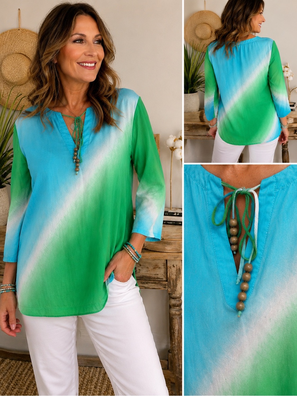 Jones New York XL Blue Green Ombre Tunic Top Coastal Boho Resort